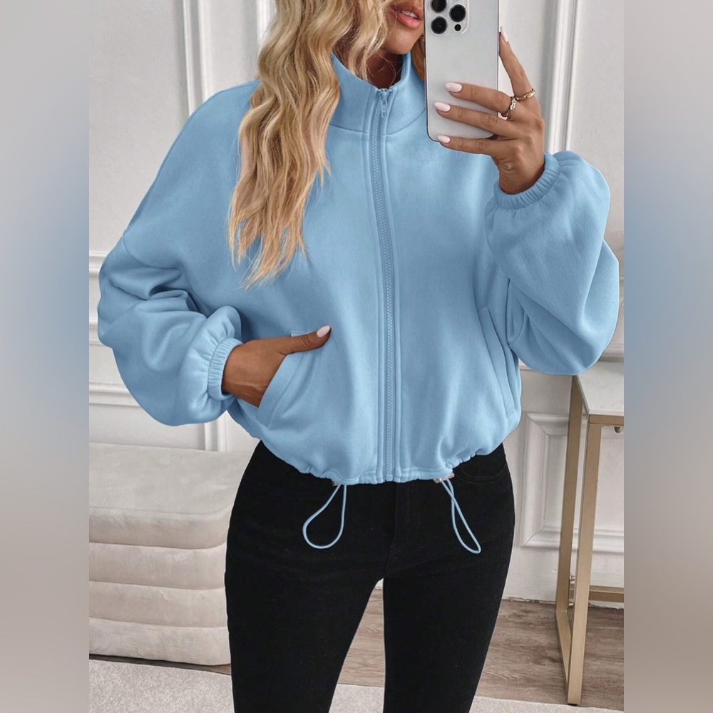 Shein Lune Women's Zip-Up Drawstring Long Sleeve Plush Sweatshirt Blue NWT Small